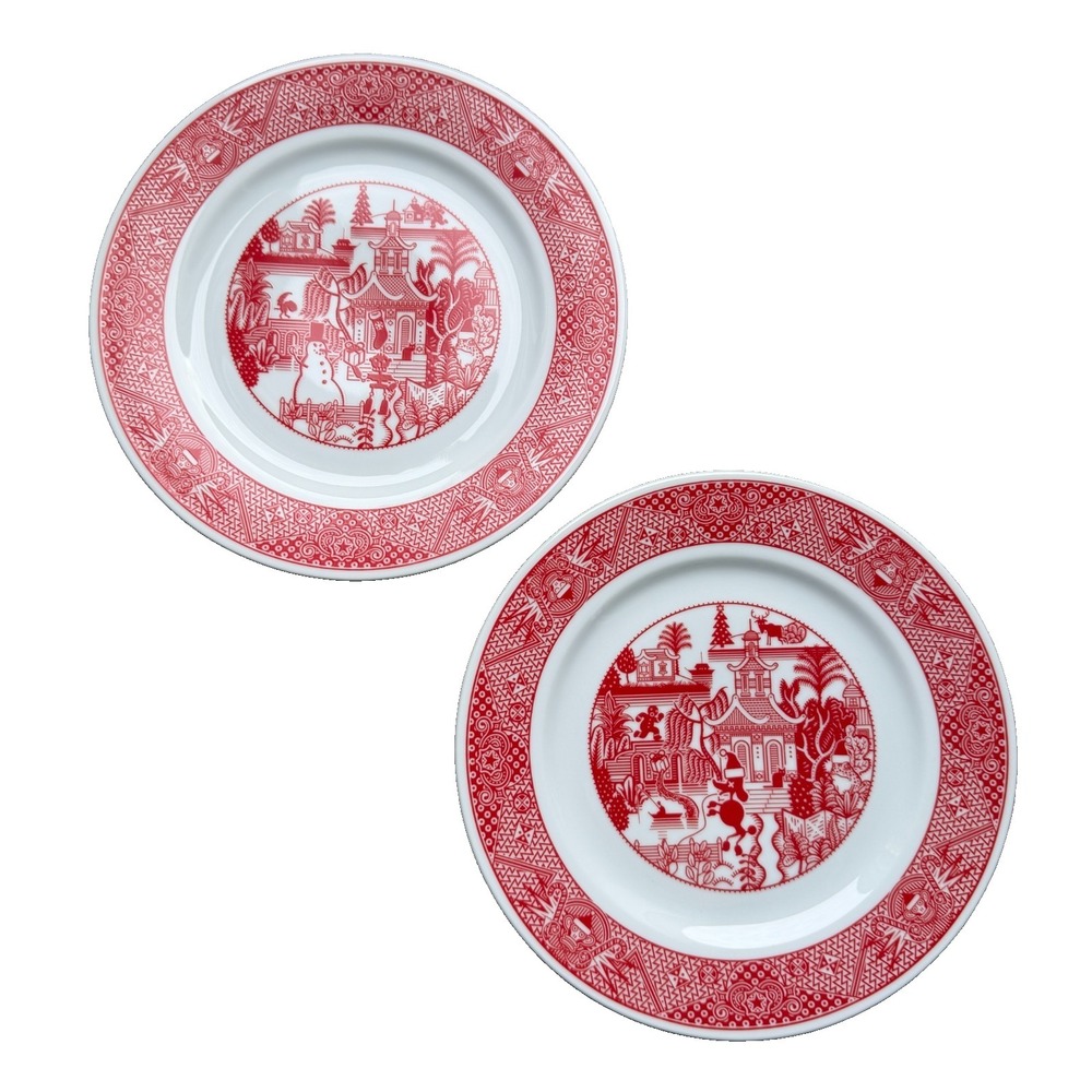 Calamityware Christmas Plates Set 2 Red Don‎ Moyer Holiday Porcelain 2 + 3